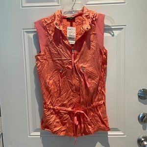 BeBe Neon Pink Hooded Athletic Zip Up Vest Retro Silk Seersucker Size Medium